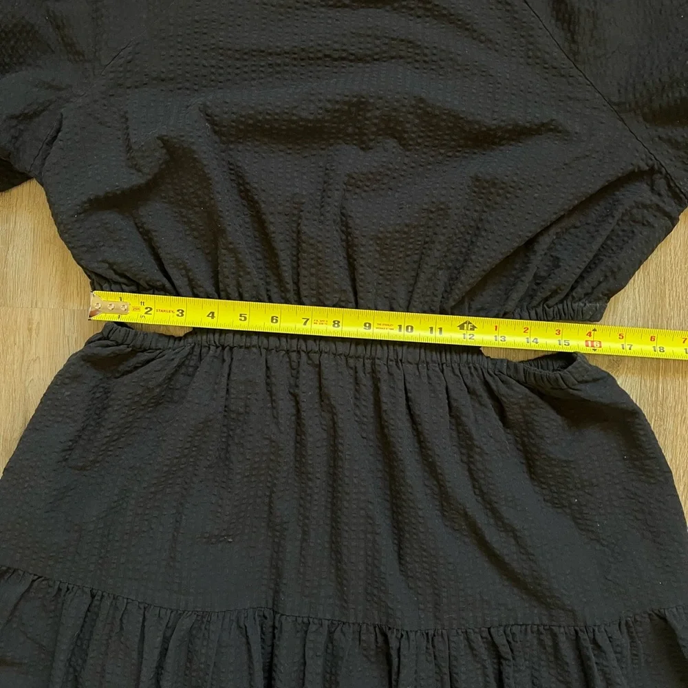 Madewell Seersucker Puff-Sleeve Cutout Dress Black Ruffle Hem A Line Size XL.